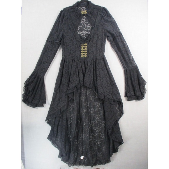 Gothic Black Lace High Low Dress Bell Sleeve Victorian Steampunk Dress Top - Picture 2 of 16